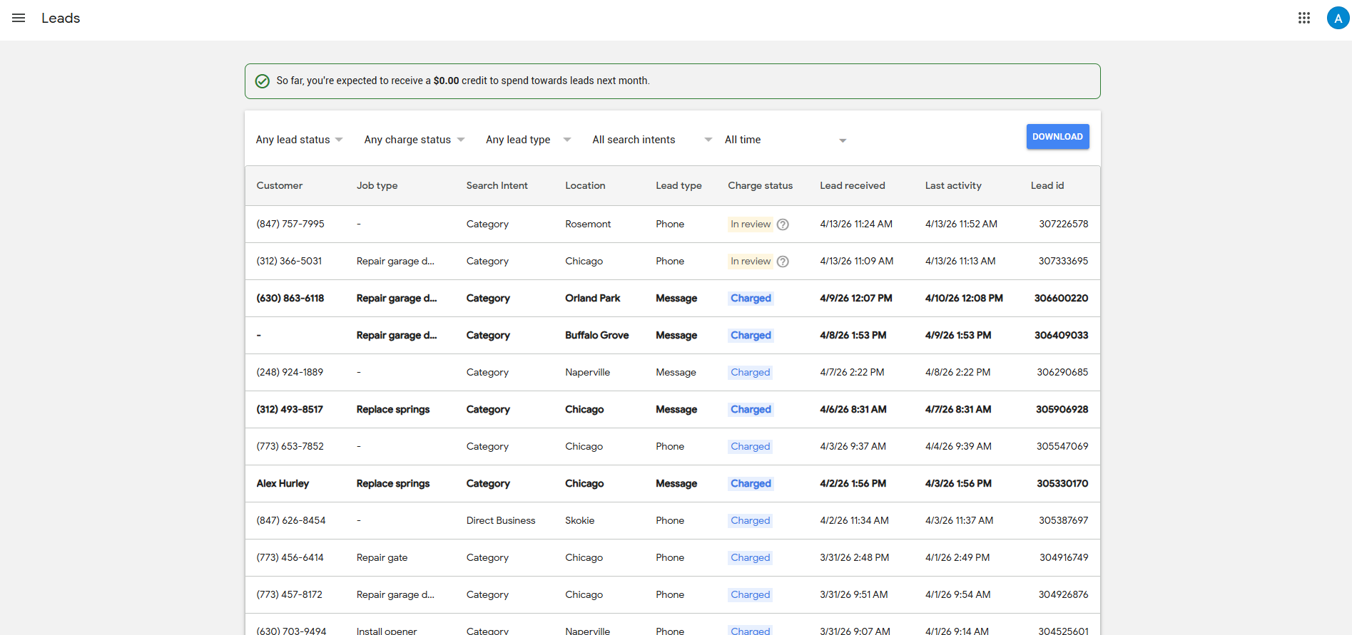Google LSA dashboard
