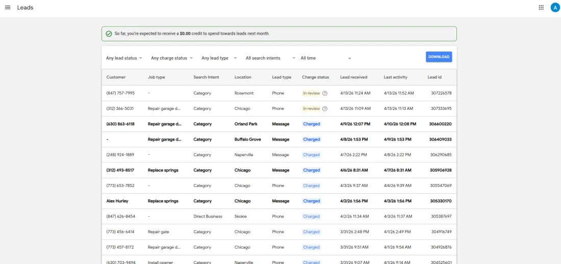 Google LSA dashboard